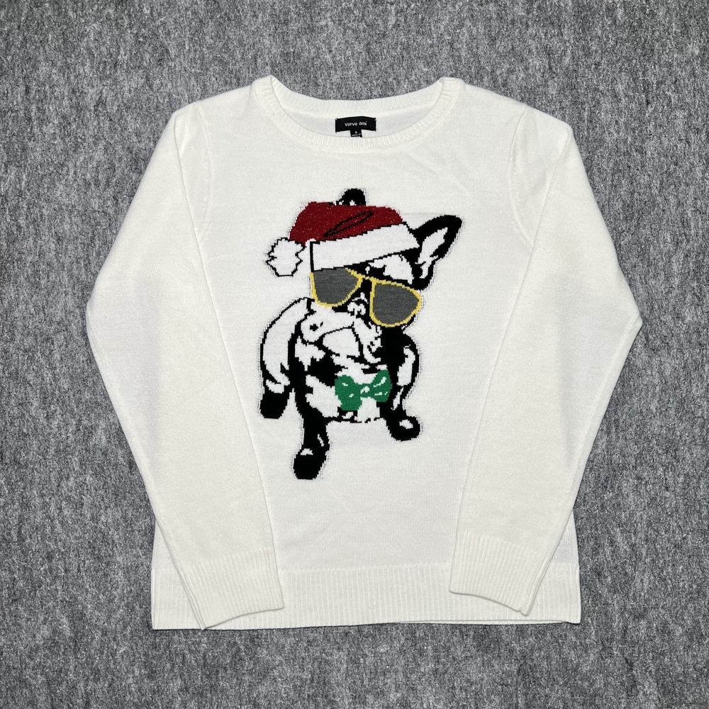 Verve Ami Long Sleeve Sweater Small Pug w/ Glasses & Christmas Hat‎ Cream Ivory